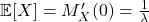 \mathbb{E}[X] = M_X'(0) = \frac{1}{\lambda}\\